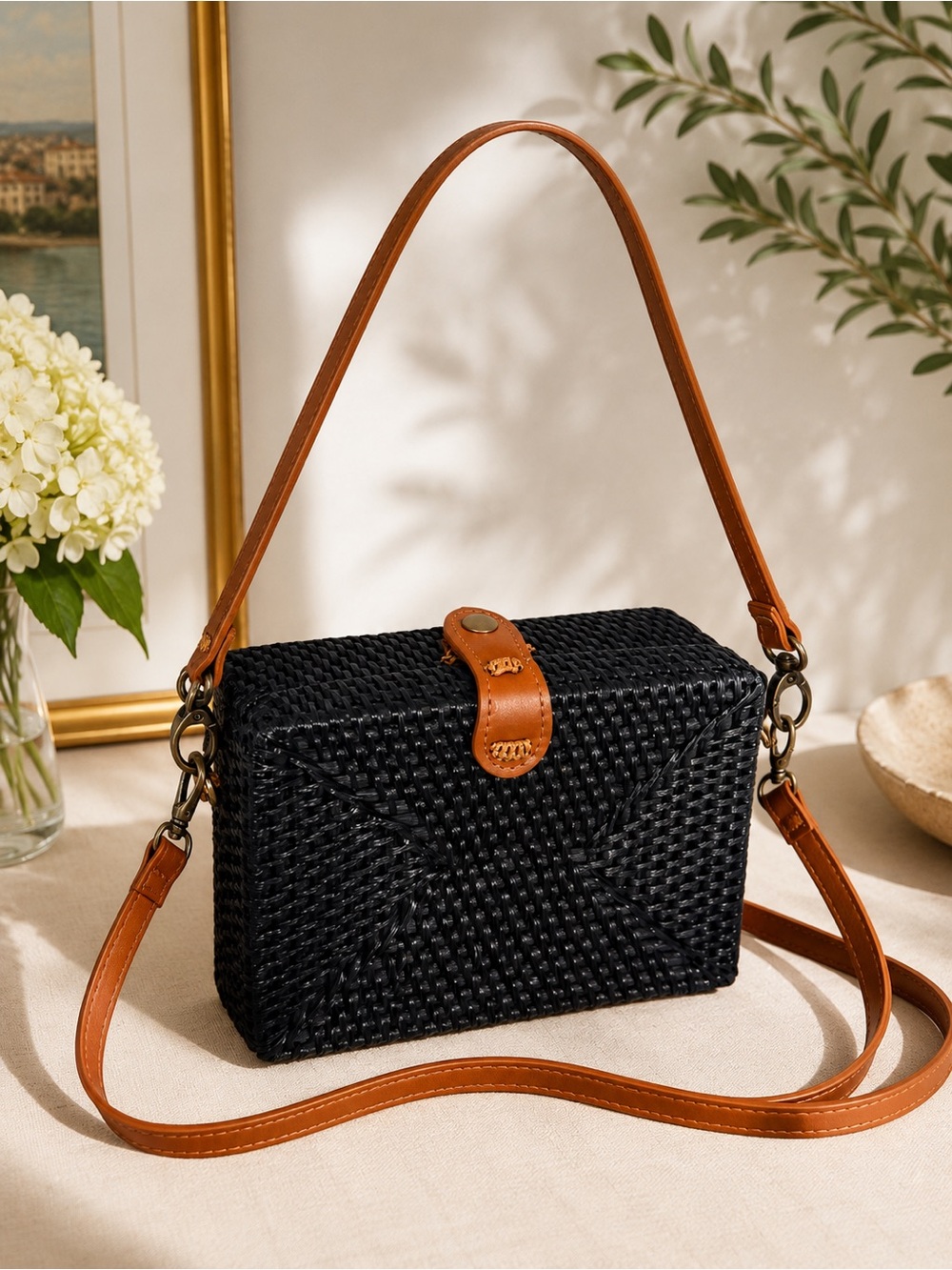Anthropologie Black Woven Rattan Crossbody Bag with two Cognac Straps